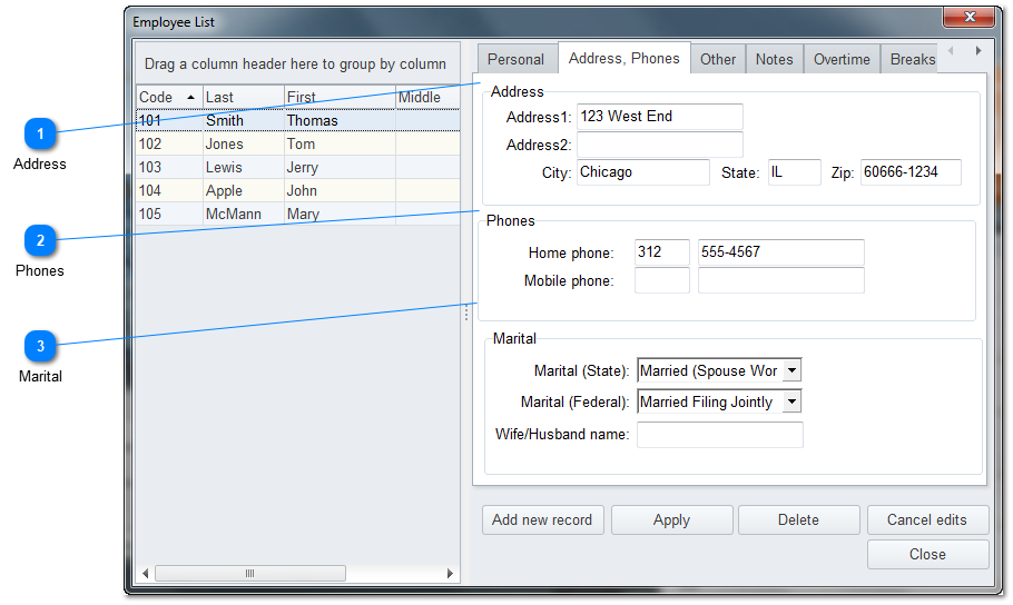 Address and Phones Tab